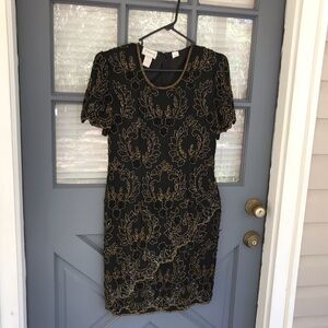 Vintage Size 8 Stenay Black Gold Silk Beaded Cocktail Dress